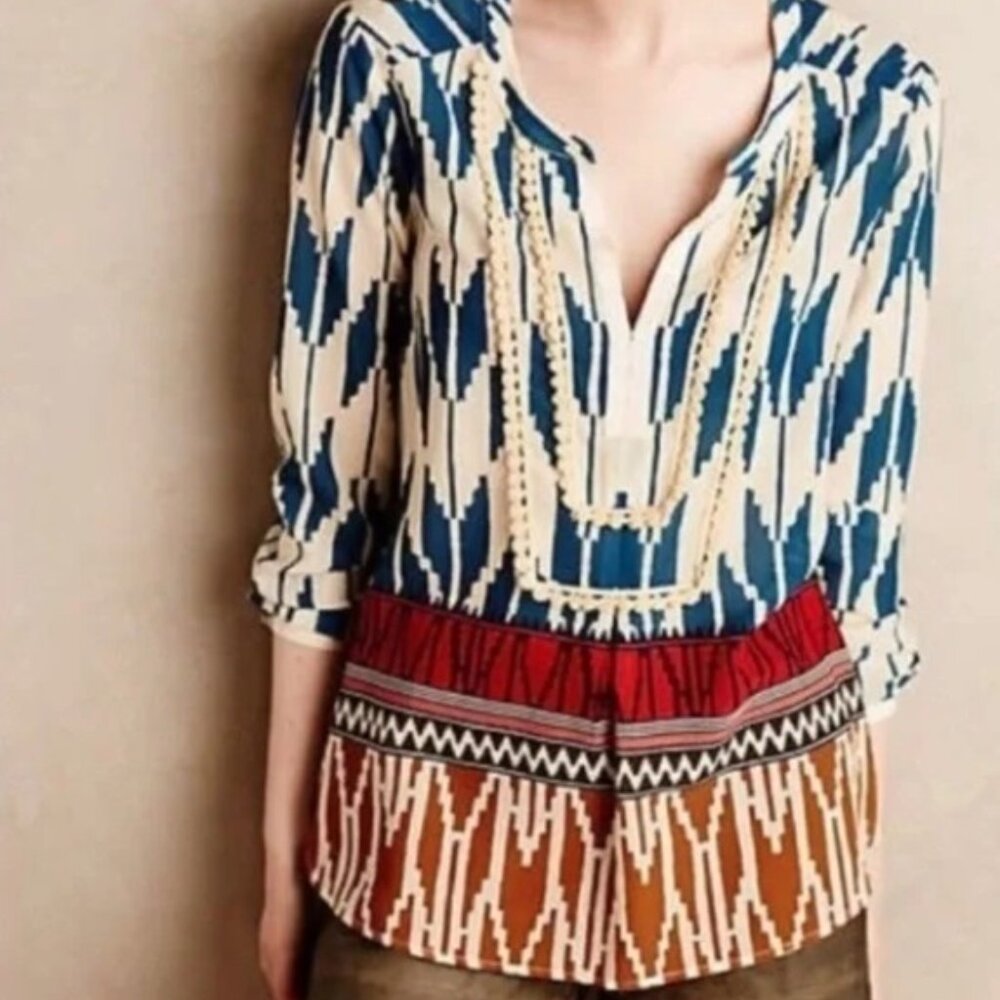 Anthropologie Maeve Vibrant Ikat Women's Boho Aztec Shirt Blouse 6
